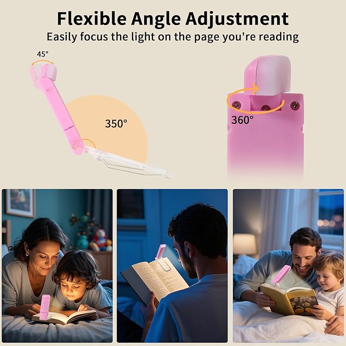 Clip On Book Light, USB Rechargeable Reading Light with 3 Color Modes, 5 Brightness Levels, Flexible Clamp Arm for Bed and Travel(Pink, Clip On)