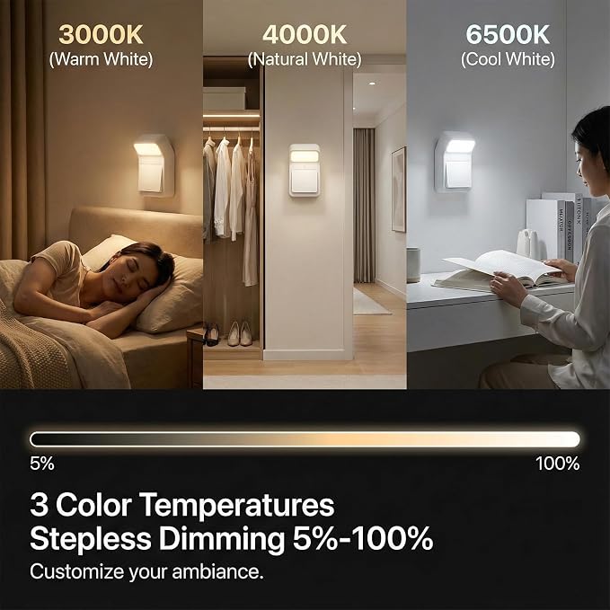 Rechargeable Night Light Wall Sconces, Battery Powered Bedside Table Lamp, 1200mAh Cordless Magnetic Stick on LED, Dimmable 3 Colors, Portable Reading, Dorm, Push Button