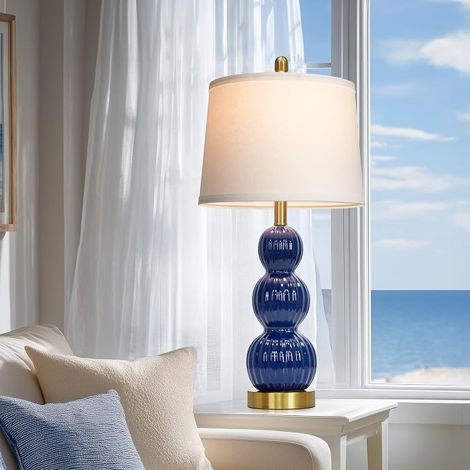 28" Navy Blue Table Lamps Set of 2 for Living Room, Modern Ceramic Bedside Lamps for Bedroom, Ribbed Gourd Table Lamps for Nightstand (2 LED Bulbs Included)