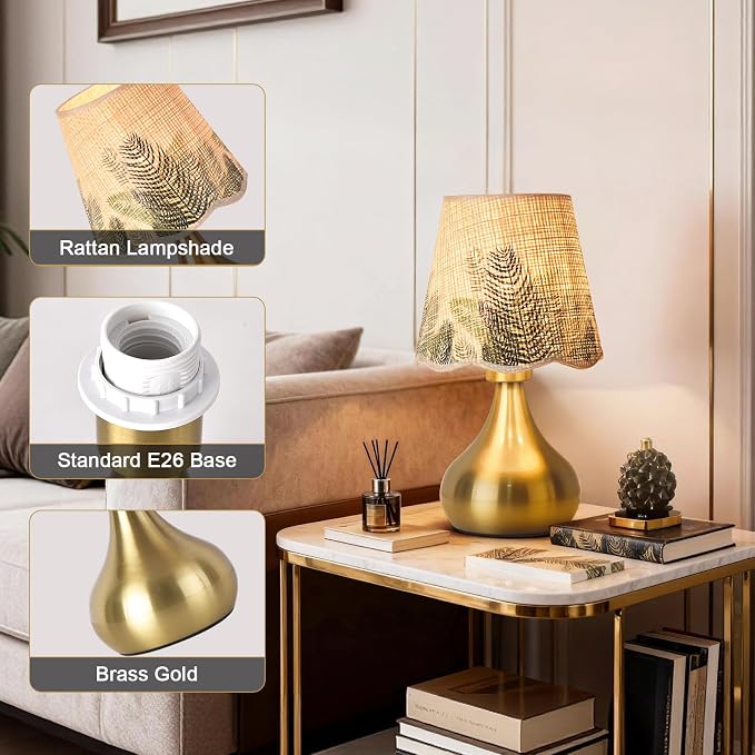 Ziqqeelam Gold Small Bedside Cute Table Lamp for Bedroom, Table Lamps for Nightstand, Scalloped Rattan Shade Table Lamps for Small Spaces for Bedroom, Home Office, Living Room
