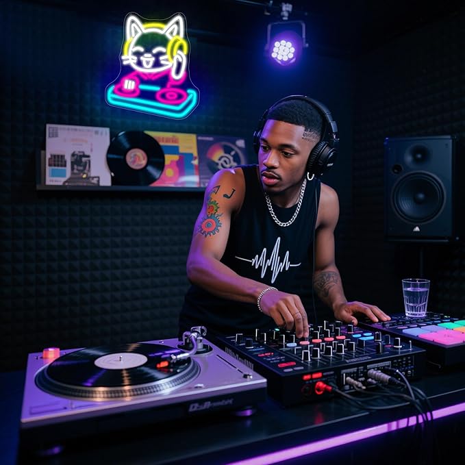 DJ Cat Neon Sign for Wall Decor Dimmable DJ Cat Neon Light for Man Cave Music Birthday Gifts for Lovers LED Rock Sign for Music Room Record Studio Bedroom Bar Party 13.6 * 11.8In (WZCP220)
