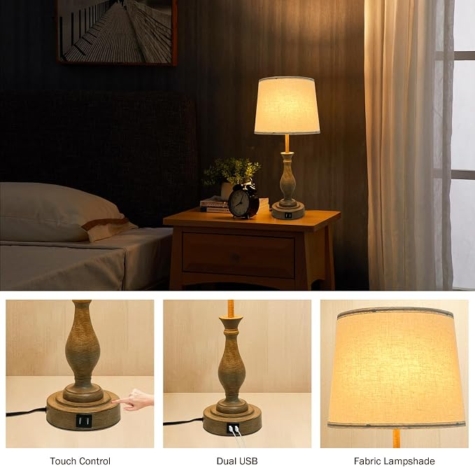 LALISU Farmhouse Table Lamp Touch Control 3-Way Dimmable Table Lamp, Modern Nightstand Lamp with 2 USB Port Bedside Desk Lamp with Fabric Shade for Living Room (Pack 1-Beige Shade & Touch)