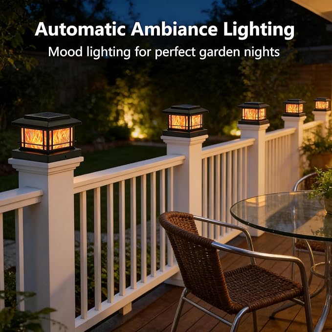 8 Pack 4x4 Post Solar Lights Outdoor with Flickering Flame, Fence Post Solar Lights Fit for 3.5x3.5 4x4 Wooden Vinyl Posts, Waterproof Solar Lights for Deck, Fence, Patio, Yard Decor (Black)
