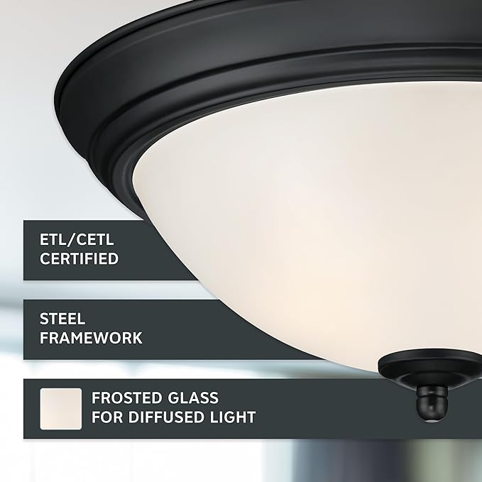 Designers Fountain Flush Mount Ceiling Light, 11 Inch Frosted Glass Lighting Fixture for Kitchen, Bedroom, Bathroom, and Hallway, LED Bulbs Not Included, Matte Black