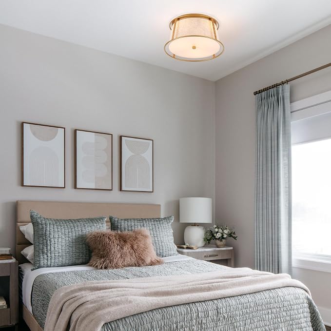 VILUXY Gold Semi Flush Mount Ceiling Light Fixture, 13’’ Modern Close to Ceiling Lights with Beige Fabric Linen Drum Shade 3-Light Round Ceiling Lamp for Bedroom Hallway Nursery Kids Room Entryway