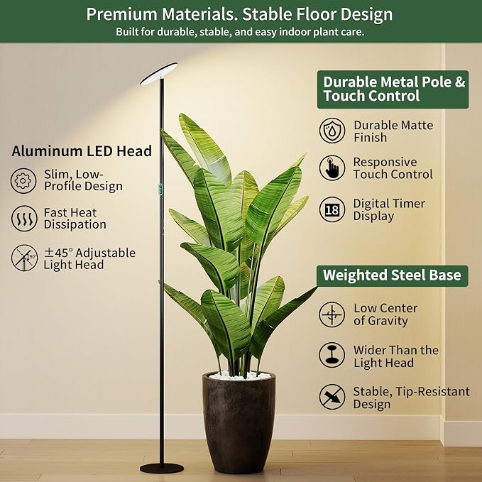 Grow Light for Indoor Plants, 60W Full Spectrum LED 85” Tall Standing Plant Light, Custom 1–23H Daily Cycle Timer, Digital Display, 10-Level Dimmable, 4000K