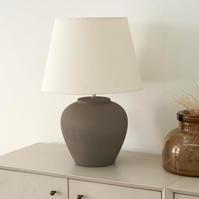 Nourison Home 20" Brown Matte Ceramic Table Lamp with Fabric Shade, Bedside Nightstand Lamp for Bedroom, Living Room, Entryway