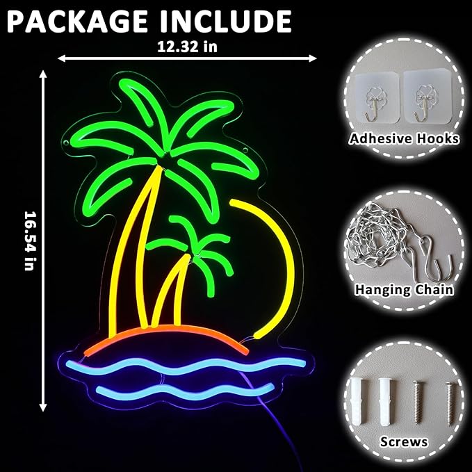 Coconut Tree Neon Sign for Wall Decor Dimmable Beach Sunset Led Sign for Bedroom Tropical Palm Tree Neon Light for Tiki Bar Hawaii Club Summer Beach Party Decoration