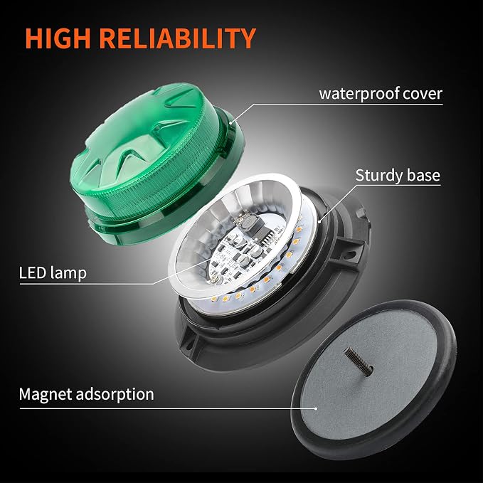 Green Led Emergency Strobe Beacon Lights for Car Vehicles 12V 24V 24-LEDs | Magnetic Mount, 8 Flash Model, Warning Safety Flashing, Rooftop Signal Lamp for Forklife Construction Truck Tractor Golf SUV