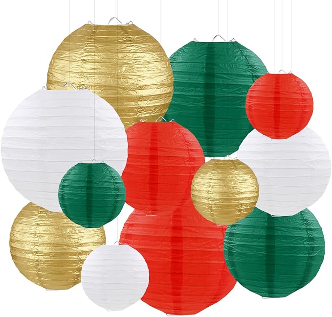 Christmas Paper Lanterns Red Green White Gold Hanging Paper Lanterns for Birthday Wedding Festival Christmas Party Decorations (12 PCS)