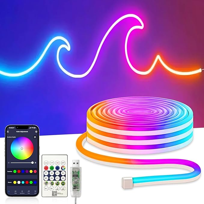 9.8FT RGB+IC LED Neon Rope Light Strip with Remote | Multiple Modes,5v USB Powered,Music Sync,For Living Room,Bedroom, Party & Holiday Decoration