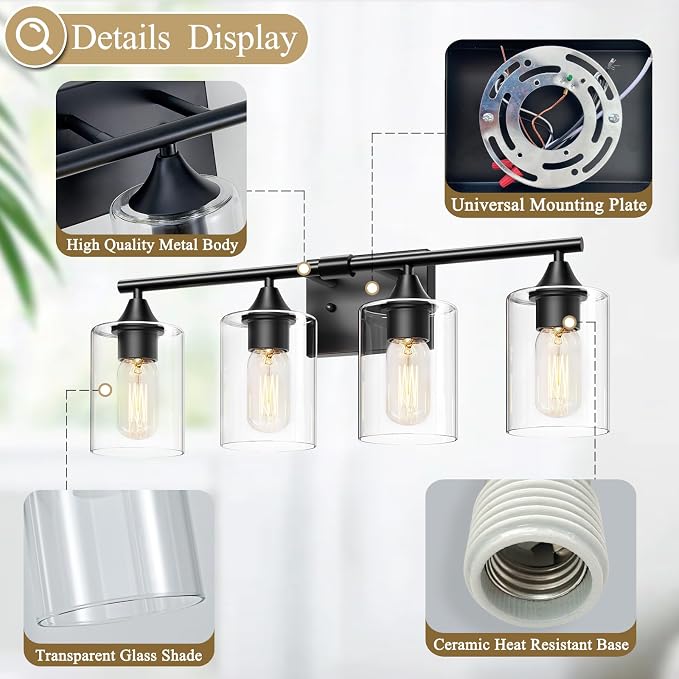 4-Light Bathroom Light Fixtures,Black Bathroom Vanity Light,Bathroom Lights Over Mirror with Clear Glass Shade,Modern Sconce Wall Lighting for Mirror Bedroom Vanity Hallway