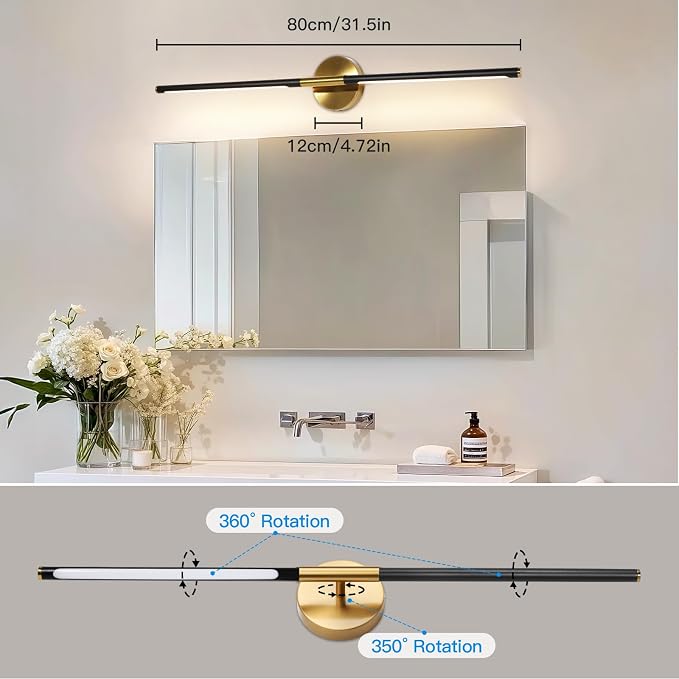 Battery Operated Wall Sconces Set of Two, Wireless Wall Sconces 31.5 Inch | Rechargeable, Remote Control, Dimmable, 360°Rotate, Cordless Wall Light Decor for Living Room, Hallway, Timing, Black Gold