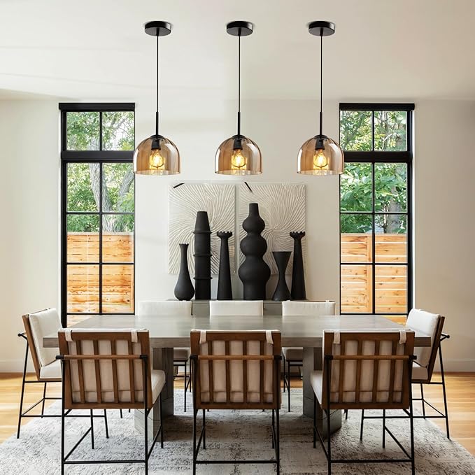Modern Amber Glass Pendant Lights, Nordic Boho Dome Chandelier, 7.86" Bell Lamp Shape Hanging Ceiling Lighting Fixtures Kitchen Island Dining Room Table, Vintage Lampshade