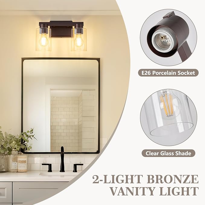 2-Light Bathroom Light Fixtures with Clear Glass, Oil Rubbed Bronze | Vanity Lights, Modern Wall Sconces, Over Mirror for Bathroom, Powder Room, Living Room