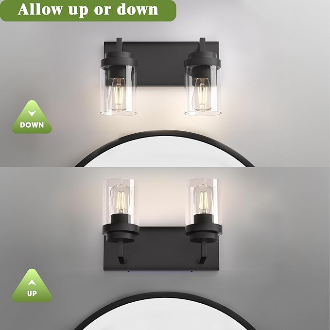 Bathroom Vanity Fixtures, 2 Light Matte Black Vanity Light with Clear Glass Shade, 15in Farmhouse wall Light, Lighting Fixture Over Mirror for Bathroom