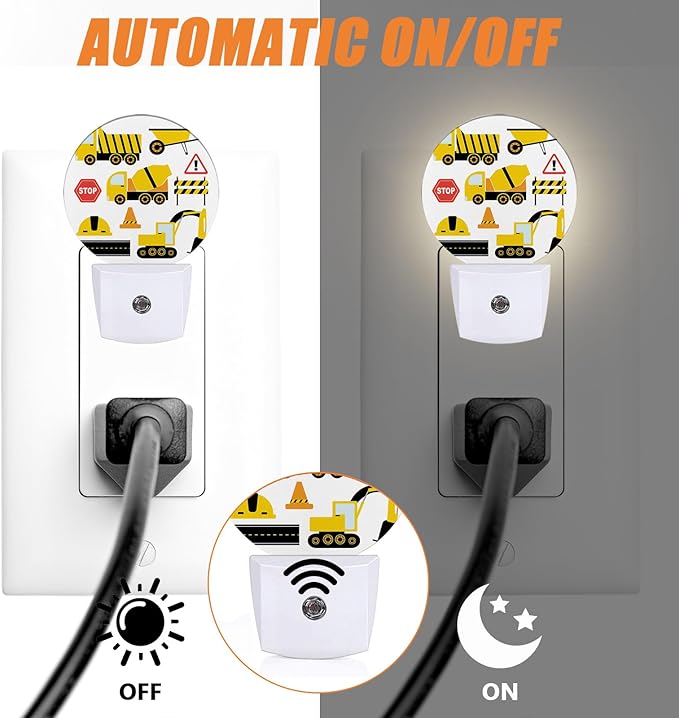 Cartoon Truck Night Light,Machinery Excavator Nightlight Plug into Wall LED Lamp Auto Sensor Dusk to Dawn for Bedrooms/Kitchens/Toilets/Corridors,Energy-Saving