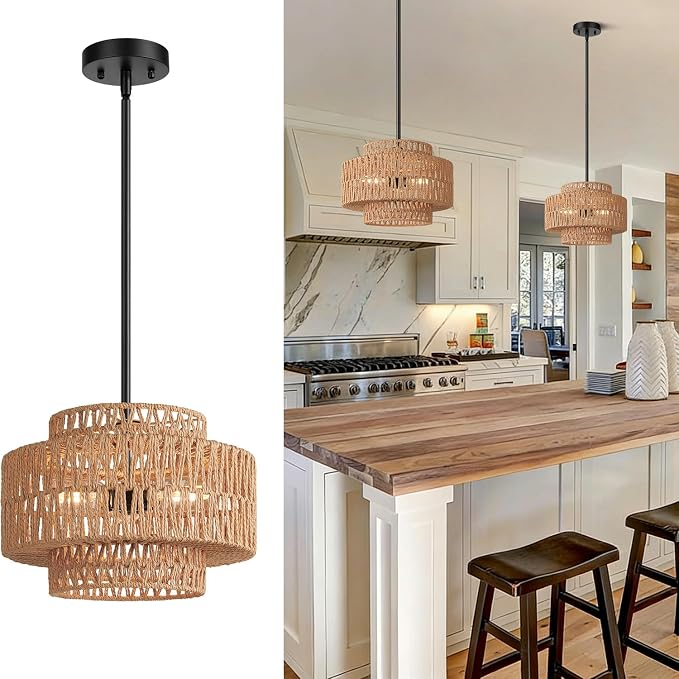 6"-41" Height Adjustable Farmhouse Chandelier Light Fixture, 3-Light Rattan Boho Chandeliers for Dining Room, Hand Woven Pendant Light with Linen Shade, Rustic Hanging Lighting for Kitchen Island