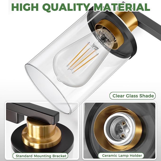 Bathroom Light Fixtures, 2-Light Black and Gold Bathroom Lights Over Mirror with Clear Glass Shade, Vanity Lights for Hallway Bedroom Living Room, ETL Listed | Modern Vanity Lights With Clear Glass Shade, Bathroom Wall Light for Mirror, Kitchen, Living...