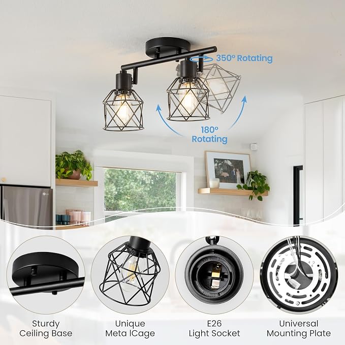 2-Light Kitchen Track Lighting, Island Lights, Farmhouse Ceiling Light | Adjustable Light Heads Rotate To Direct Light Where Needed, With Standard E26 Base For Kitchen Hallway Dining Room