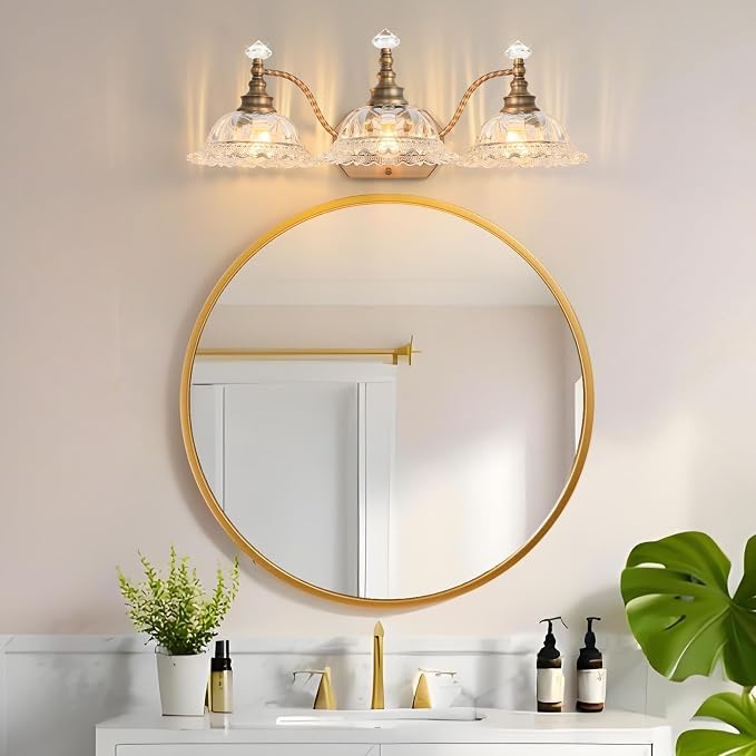 Vintage Bathroom Vanity Light Fixtures, 3-Light Matte Brass Finish Vanity Light with Floral Clear Glass Shades, Retro Wall Sconce for Mirror, Powder Room, Bedroom
