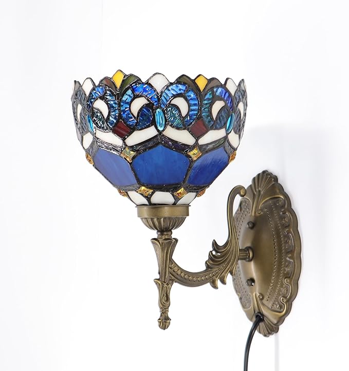 Tiffany Sconce Lamp Stained Glass Wall Lamp,8X10.5X11 Inch Plug in Wall Bedside Light for Hallway Bedroom (Blue Baroque)