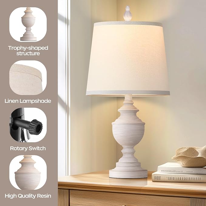 Retro Table Lamps Set of 2, Bedside Lamp for Bedroom Rustic Farmhouse Table Lamps for Living Room, 22" Vintage Nightstand Lamps with White Shades, White