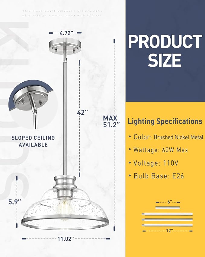 kudos 11" Brushed Nickel Seeded Glass Pendant Light, KDPL14-BN | E26 Bulb Base, Hardwired, Farmhouse Styling, Adjustable Hanging Rods for Flat or Sloped Ceilings, for Kitchen Bars