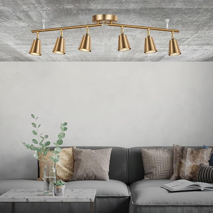 6 Light Track Lighting Kit, Matte Brass Finish Foldable and Adjustable with Modern Ceiling Spotlight for Kitchen,Living,Bed Room Home Improvement