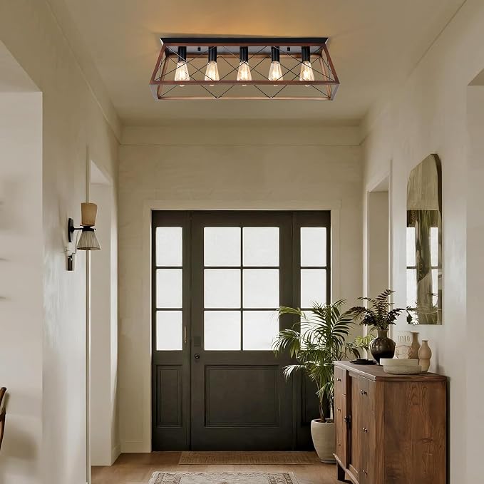 31.5" Flush Mount Ceiling Light, 5-Light Industrial Vintage Chandelier with Matte Black & Brushed Bronze Finish, Large Close to Ceiling Lighting for Dining Room, Kitchen Island, Living Room, Hallway