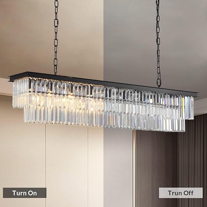 NOXARTE Rectangle Chandeliers for Dining Room, Modern Rectangular Crystal Chandelier Black 8 Lights Pendant Fixture for Kitchen Island Bar Living Room L47 Inch
