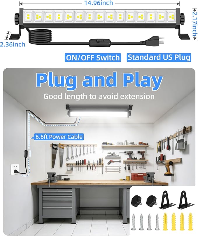 40W LED Shop Light 5400LM Brighter, Plug in Garage Light with On/Off Switch & 6.6FT Cord, 6000K Daylight White Workshop Bay Lighting for Garage Workbench Warehouse Factory Basement