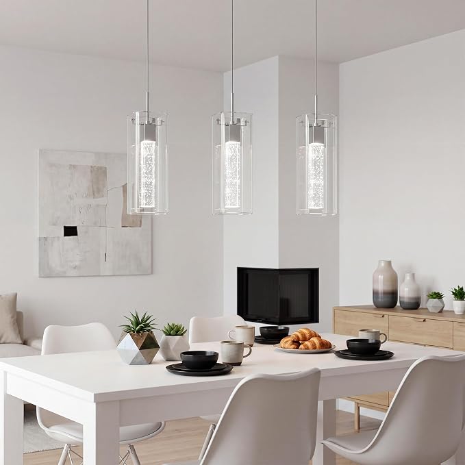Pendant Lights Kitchen Island, 1 Pack 6500K LED Kitchen Lighting Crystal Island Light with Bubble Glass, Nickel Kitchen Hanging Light Fixture Modern Pendant Ceiling Light Fixture