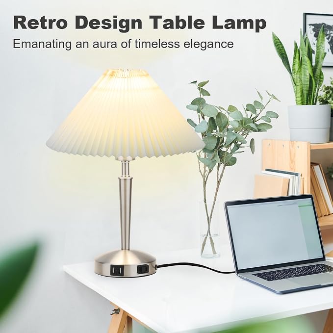 Touch Bedside Table Lamp - Modern Small Lamp for Bedroom Living Room Nightstand, Desk lamp with Fabric Lamp Shade, Warm LED Bulb, 3 Way Dimmable, Simple Design Mother's Day Gifts (Silver)