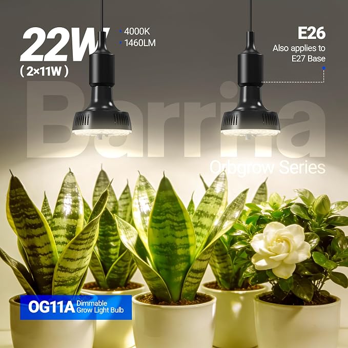 Barrina OG11A Grow Light Bulbs for Indoor Plant, 4000K 11W, 2 Packs, Black | Integrated Dimming & Timing, E26 Plant Light Bulb, Full Spectrum, High PPFD for Seeds and Greens