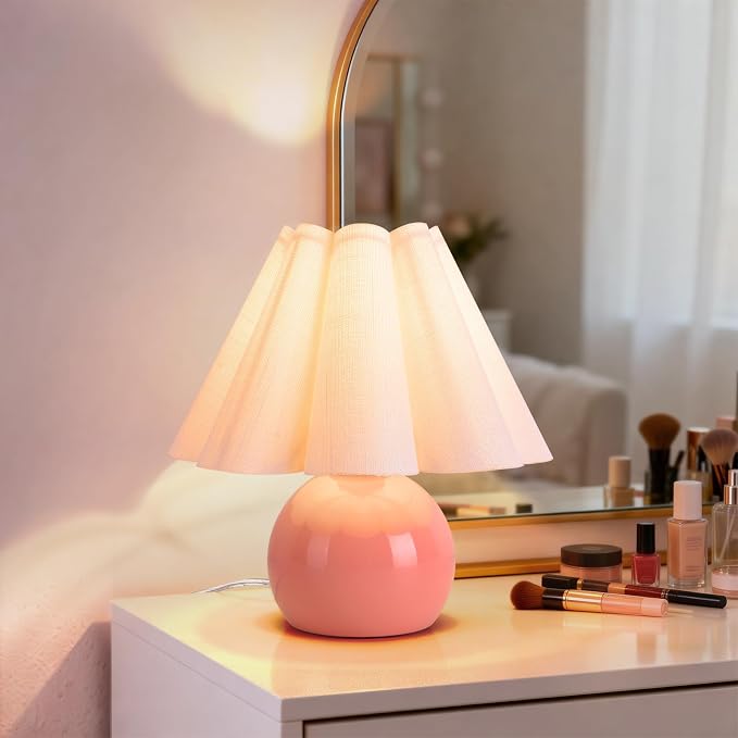 Pink Small Bedside Mini Table Lamp for Bedroom, Cute Bedroom Lamps for Nightstand, Cute Mini Table Lamps for Small Spaces with Scalloped Shade for Kitchen Counter, Bookshelf, Kids Dorm, Home Office
