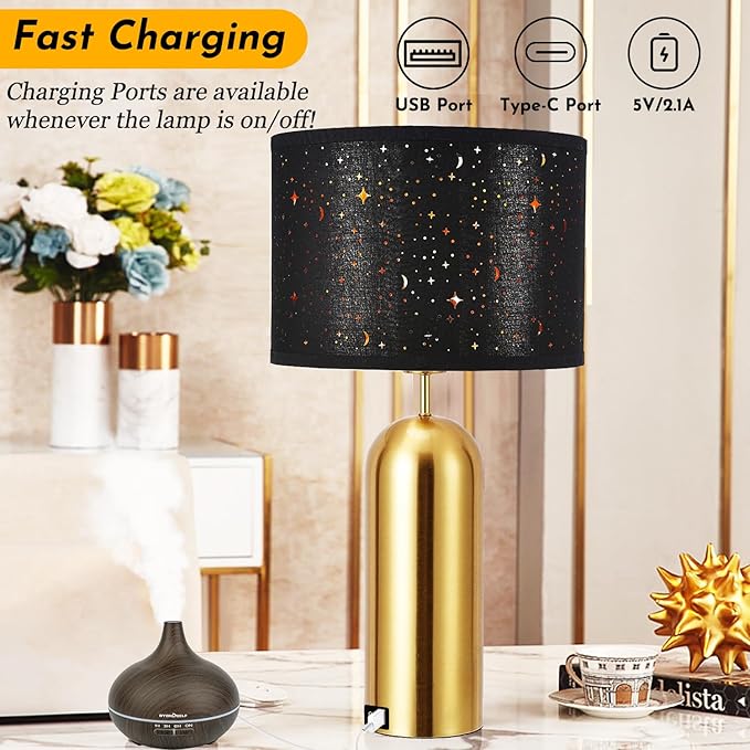 Touch Control Lamps Set of 2 Gold Table Lamps 3-Way Dimmable with USB A+C Ports Tall Modern End Table Lamps for Living Room Bedside Nightstand Bedroom Brass Lamp,Black Hallow Shade, 22“