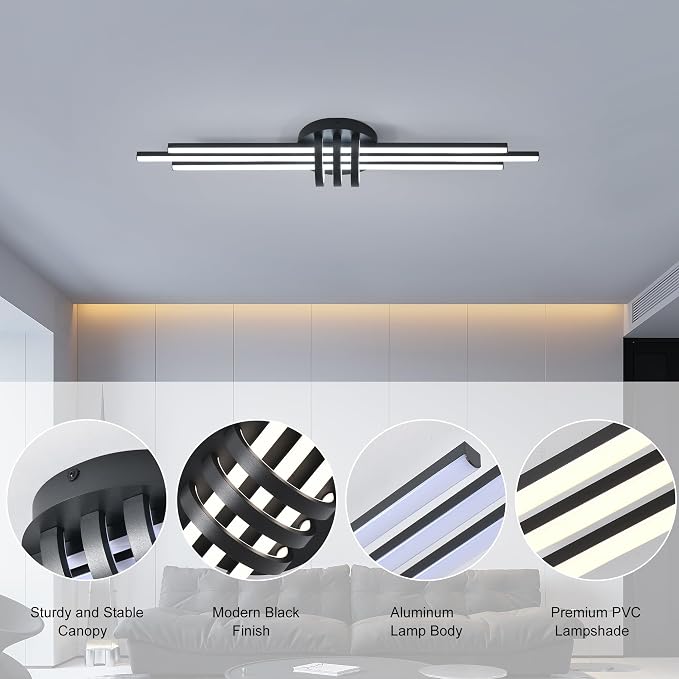 Garwarm 39In Modern Dimmable Linear LED Ceiling Light with Remote, Black | Low Profile Flush Mount Kitchen Ceiling Light, 3000K-6500K, 24W for Kitchen, Dining Room, Living Room, Bedroom, Hallway