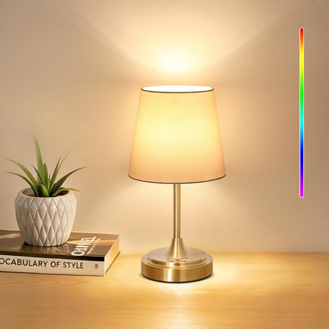 Wowag Small Cordless Table Lamp Rechargeable,5000mAh Battery Operated Desk Lamp,3 Colors & 7 RGB Stepless Dimmable,Touch Ambient Light for Bedside,Bedroom,Dining Room,Living Room,Gold,WhiteShade