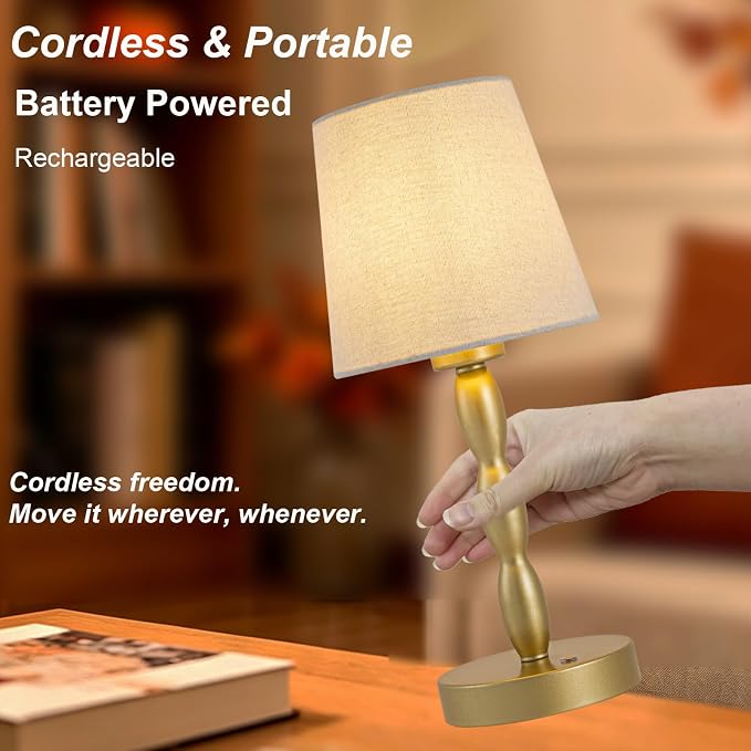 Rechargeable Cordless Table Lamp, 5000mAh Battery Powered Touch Desk Lamp, 3-Level & Stepless Dimmable Night Light, Portable Bedside Lamp for Bedroom, Outdoor, Bulb Included, Gold