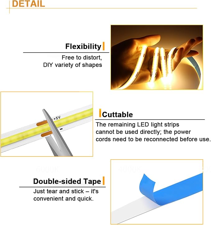 5V USB LED Strip Lights 3.28FT, 3Key COB Light Strip Warm White, Short LED Strip Light, Flexible Bright for Under Cabinet, Kitchen, TV Backlight, Shelves, Displays and TV Lights