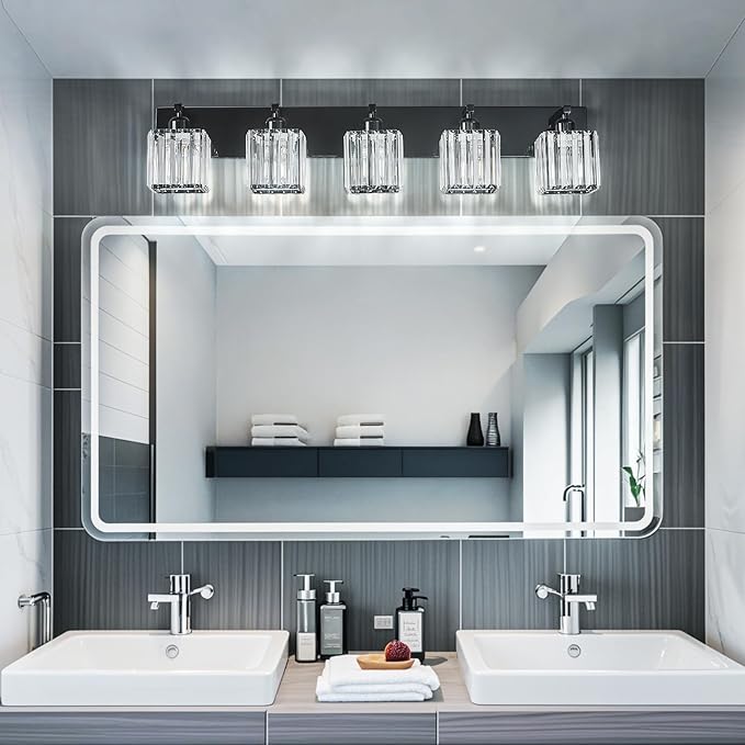 Modern Bathroom Vanity Light 5-Lights Plating Black Crystal Bathroom Wall Light Vanity Light Fixtures
