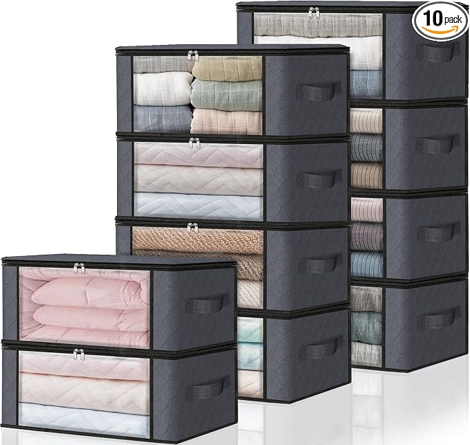 HomeHacks 10-Pack Clothes Organizer Storage Bags, 35L Storage Bins, Gray | Foldable Storage Box Container with Zippers, Clear Window, Reinforced Handles for Closet, Dorm, Pillows, Bedding, Sweater