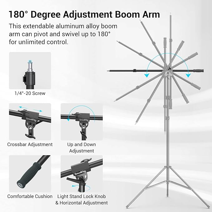 SmallRig 110"/9.2ft Photography Light Stand with Boom Arm, Heavy-Duty Aluminum Air-Cushioned Light Tripod Stand with 1/4" Screw for Softbox, Studio, Flash, Ring Light, Camera, 11lbs Max Load, RA-S280A