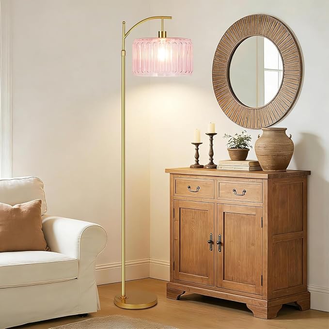 ILLMTW Pink Floor Lamp for Living Room,Bedroom,Gold Dimmable Standing Lamp with Remote,Mid Century Modern Brass Tall Lamp Boho Floor Lamps Arc Stained Glass Flower Floor Light Lamp Girls kids Bohemian