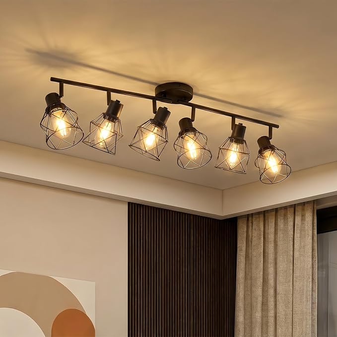 LOUSACE 6-Light Ceiling Track Lighting Fixtures, Multi-Directional Flush Mount Ceiling Spot Lights, Rotatable Black Track Light with Metal Cage for Farmhouse Dining Room, Living Room, E26 Base