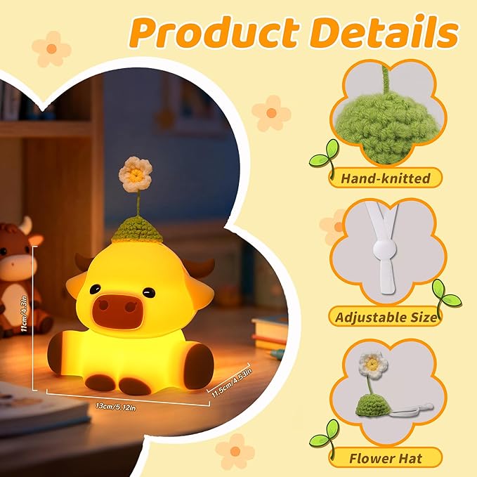 Attivolife Highland Cow Night Light for Kids, Flower Cow Cute Animal Gift Soft Silicone LED Lamp with Dimmable and Timer, Bedroom Bedside Table Decor, Birthday Christmas Gifts for Children Baby