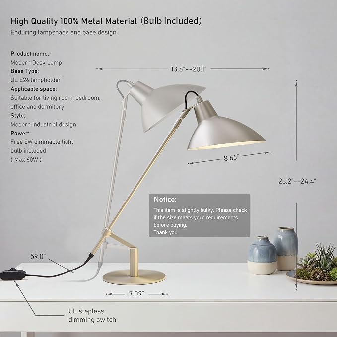 Desk Lamp Modern Industrial 100% Metal Adjustable Table Lamp 24", Natural Light (4000K) with Dimmer, Ideal for Office Bedroom Study Room Living Room Nightstand Bedside Lamps Nickel