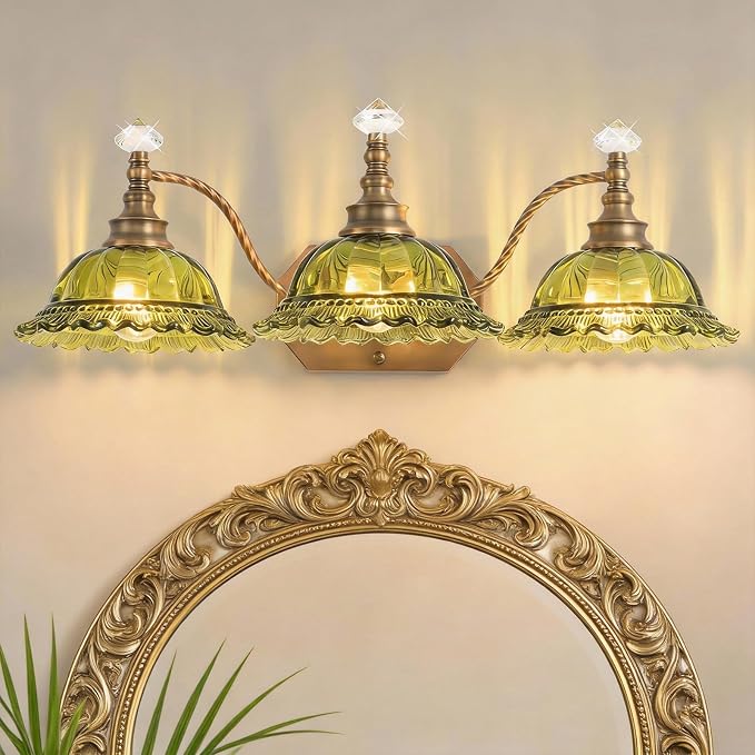 Vintage Bathroom Light Fixtures, 3 Light Brass Vanity Lights with Green Crystal Glass Flower Shade, Retro Wall Sconce for Bedroom, Living Room, Hallway