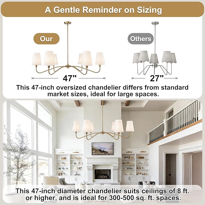 47'' Brushed Gold Chandelier with Shades, 6-Light Modern Chandelier for Living Room, Large Dining Room Light Fixture, Brass Large Classic Pendant Light Fixture for Kitchen Height Adjustable E12 Base